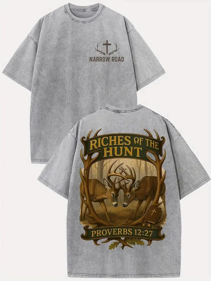 Gray Washed Cotton Tee With Deer And Proverbs 12:27 Graphic Print
Gray Washed Cotton Tee With Deer And Proverbs 12:27 Graphic Print