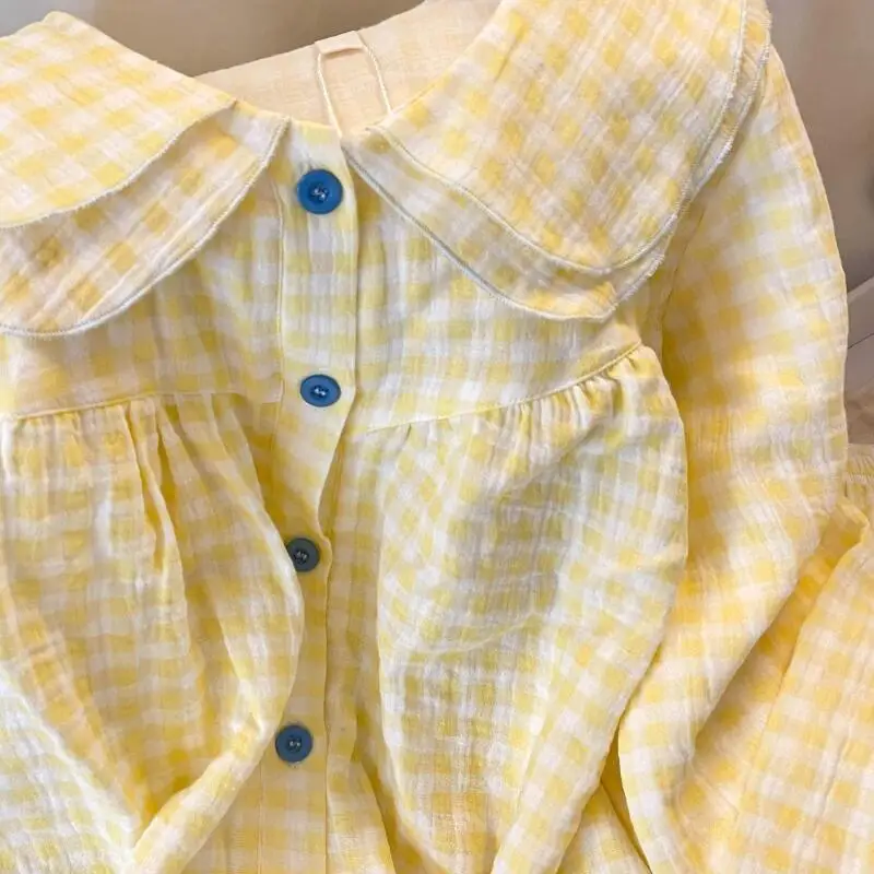 Пижамные комплекты с кукольным воротником принцессы в клетку для девочек, милые штаны с длинными рукавами Kawaii, одежда для отдыха, весенне-осенняя домашняя одежда, новинка на улице
Пижамные комплекты с кукольным воротником принцессы в клетку для девочек, милые штаны с длинными рукавами Kawaii, одежда для отдыха, весенне-осенняя домашняя одежда, новинка на улице