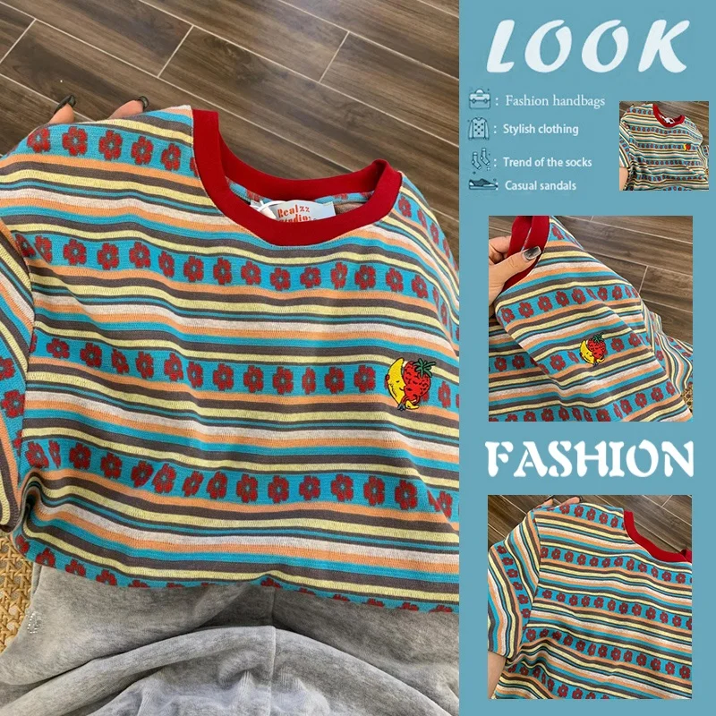 Comfortable Striped Short Sleeve Women's T-shirt One-Line Knot Lazy Style Color Block Casual Ins Silk Top Summer Fashion
Comfortable Striped Short Sleeve Women's T-shirt One-Line Knot Lazy Style Color Block Casual Ins Silk Top Summer Fashion