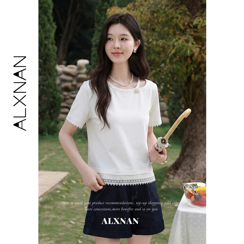 ALXNAN Women's T-shirt Asymmetrical Neck Hollow Out Design Lace Trim Loose-fit Short Sleeve T-shirts Casual Ladies Tops L63626
ALXNAN Women's T-shirt Asymmetrical Neck Hollow Out Design Lace Trim Loose-fit Short Sleeve T-shirts Casual Ladies Tops L63626