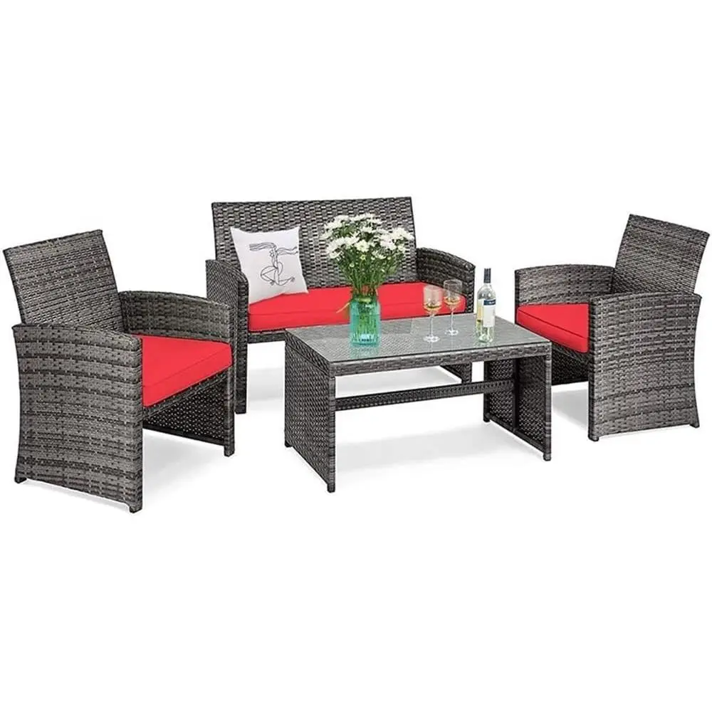4-Piece Cushioned Rattan Patio Furniture Set, Weather-Resistant, Reddish, Includes Loveseat, Chairs, Coffee Table, Ideal for Gar
4-Piece Cushioned Rattan Patio Furniture Set, Weather-Resistant, Reddish, Includes Loveseat, Chairs, Coffee Table, Ideal for Gar