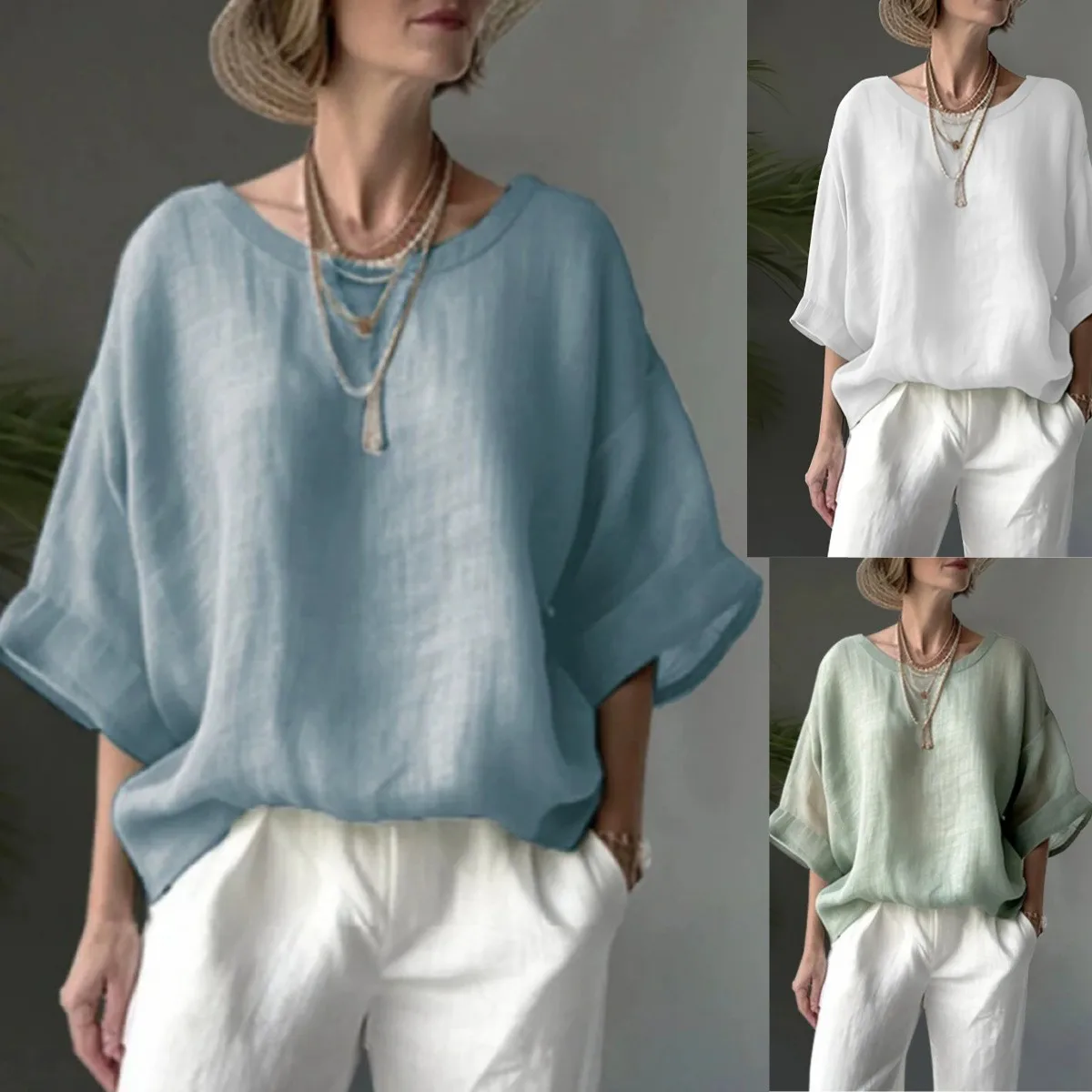Spring Women's Clothing Solid Color Round Neck Drop Shoulder Loose Fit Tops For Woman Elegant Blouse Cotton Linen Fabric
Spring Women's Clothing Solid Color Round Neck Drop Shoulder Loose Fit Tops For Woman Elegant Blouse Cotton Linen Fabric