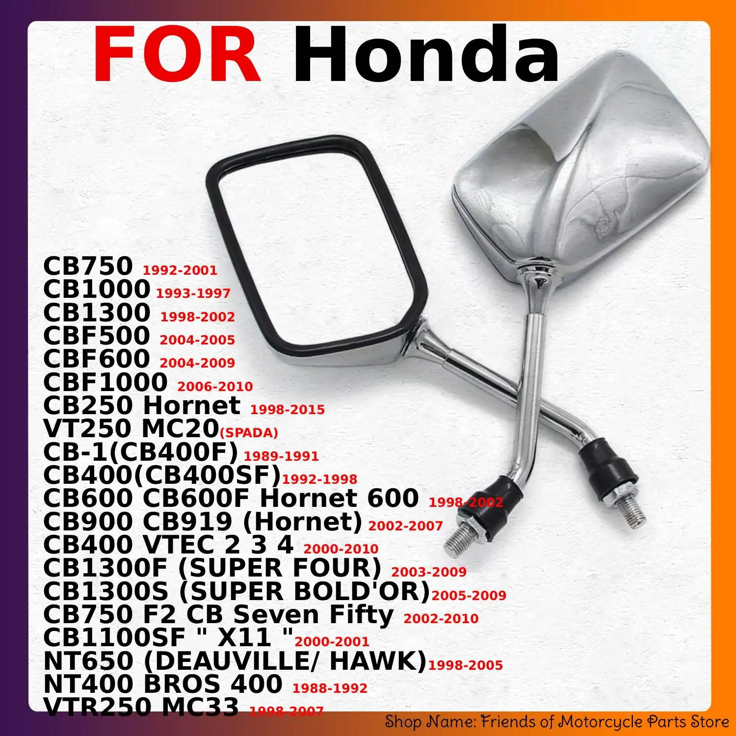1 Pair Motorcycle Rearview Mirrors For Honda VT250 MC20 CB750 CB1000 CB1300 CBF500 CBF600 CBF1000 NT400 BROS 400 VTR250 MC33
1 Pair Motorcycle Rearview Mirrors For Honda VT250 MC20 CB750 CB1000 CB1300 CBF500 CBF600 CBF1000 NT400 BROS 400 VTR250 MC33