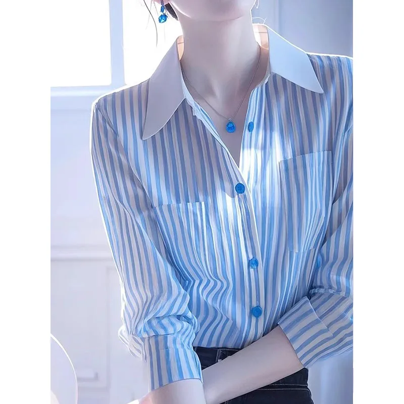 New Spring High End Striped Shirt Women Fashion Lapel Long Sleeve Elegant Office Lady Tops Contrast Color Casual Blouse French
New Spring High End Striped Shirt Women Fashion Lapel Long Sleeve Elegant Office Lady Tops Contrast Color Casual Blouse French