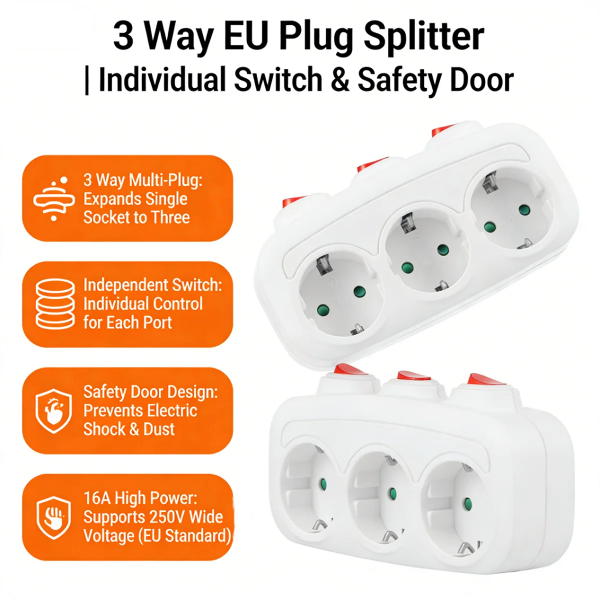 EU Plug Extension Sockets With ON/OFF Switch 1 To 3 Way Universal Germany France Standard Wall Socket Power Converter AC Outlet
EU Plug Extension Sockets With ON/OFF Switch 1 To 3 Way Universal Germany France Standard Wall Socket Power Converter AC Outlet