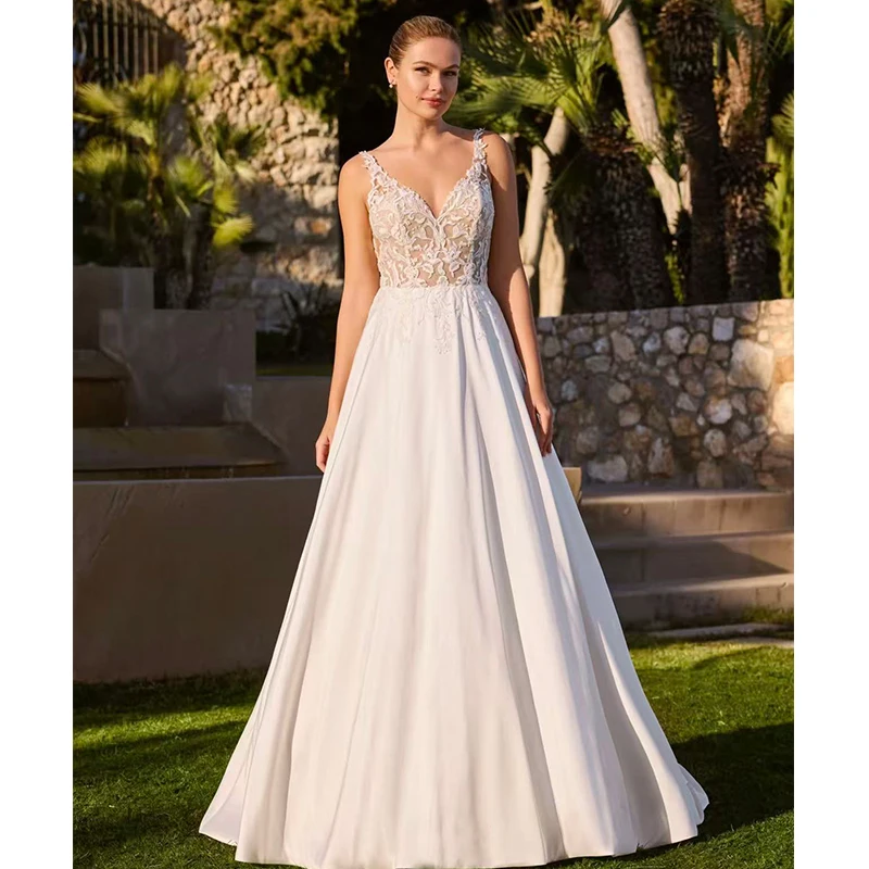 Simplicity Wedding Dress Satin With Lace A-Line Floor Length Ball Gown Sleeveless V-Neck Customized Bridedress Vestido De Novia
Simplicity Wedding Dress Satin With Lace A-Line Floor Length Ball Gown Sleeveless V-Neck Customized Bridedress Vestido De Novia