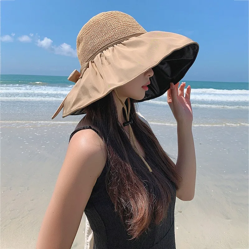 Black rubber beach hat, sun hat, women's summer hollowed out straw hat, UV large eave face covering sun hat 
Black rubber beach hat, sun hat, women's summer hollowed out straw hat, UV large eave face covering sun hat