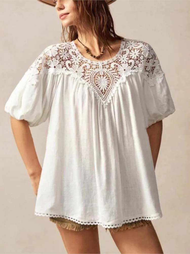 Womens Tops And Blouses Summer New Elegant White Casual Solid Color Lace Spliced round Neck Short Sleeve Loose Women's Shirt
Womens Tops And Blouses Summer New Elegant White Casual Solid Color Lace Spliced round Neck Short Sleeve Loose Women's Shirt