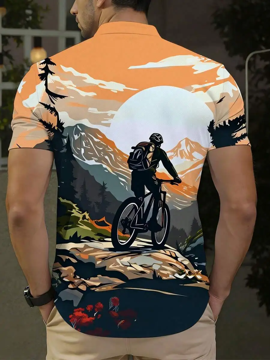 Mens Casual Stand-Up Collar Shirt With Mountain Biker Sunset Landscape Print
Mens Casual Stand-Up Collar Shirt With Mountain Biker Sunset Landscape Print