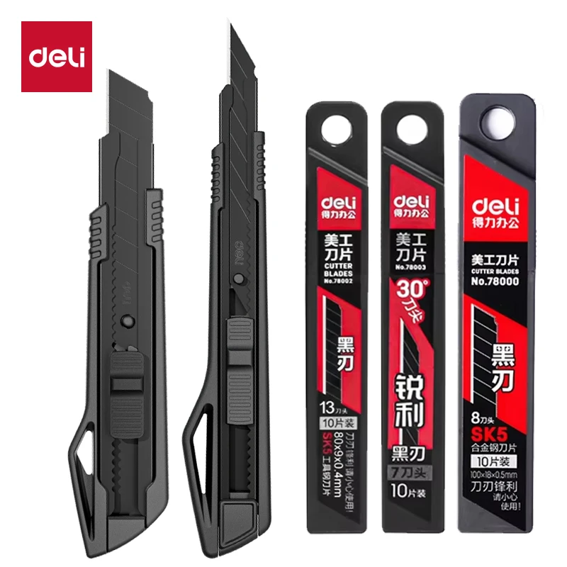 Универсальный нож Deli Heavy Duty с острыми черными лезвиями из углеродистой стали SK5, 9 мм/18 мм, автоматически выдвижной, для резки картона и коробок
Универсальный нож Deli Heavy Duty с острыми черными лезвиями из углеродистой стали SK5, 9 мм/18 мм, автоматически выдвижной, для резки картона и коробок