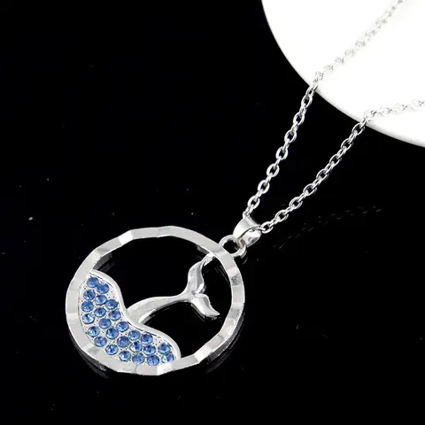New Rhinestone Inlaid Blue Mermaid Fish Tail Pendant Necklace, Forest‑Style Dolphin Tail Clavicle Chain Jewelry For Women