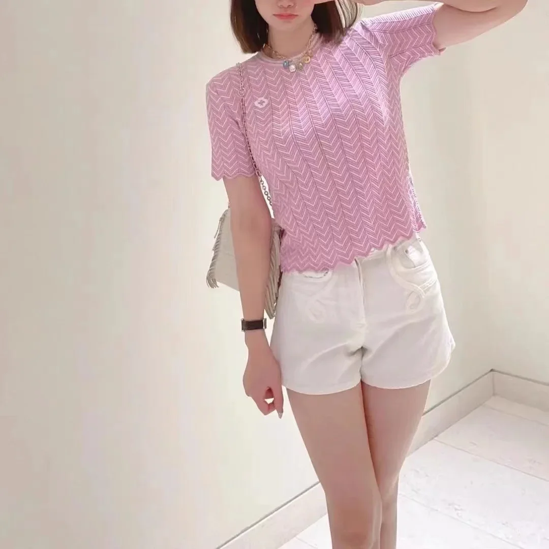 Women Herringbone Pattern Sweater Hollow out Wave Edge Short Sleeve 2024 Spring Summer Female Round Neck Pink Pullover
Women Herringbone Pattern Sweater Hollow out Wave Edge Short Sleeve 2024 Spring Summer Female Round Neck Pink Pullover