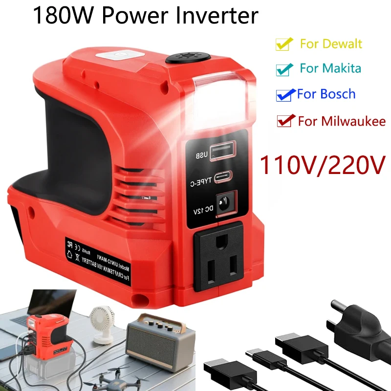 180W Power Inverter For Dewalt/Milwaukee/Makita/Bosch18V Battery AC110V-220V Power adapter With LED light Portable power bank
180W Power Inverter For Dewalt/Milwaukee/Makita/Bosch18V Battery AC110V-220V Power adapter With LED light Portable power bank
