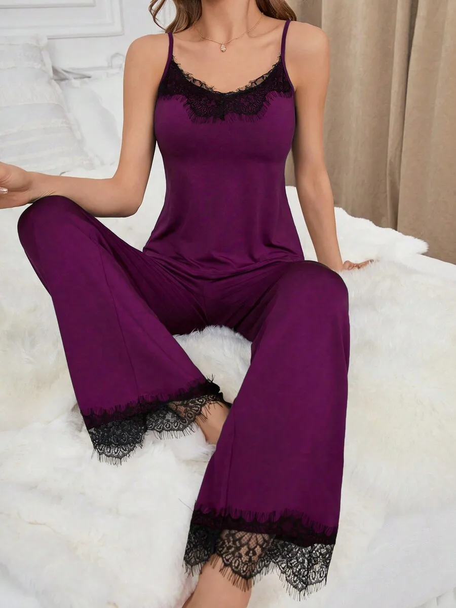 Womens Purple Lace Trim Camisole And Wide Leg Pajama Set
Womens Purple Lace Trim Camisole And Wide Leg Pajama Set