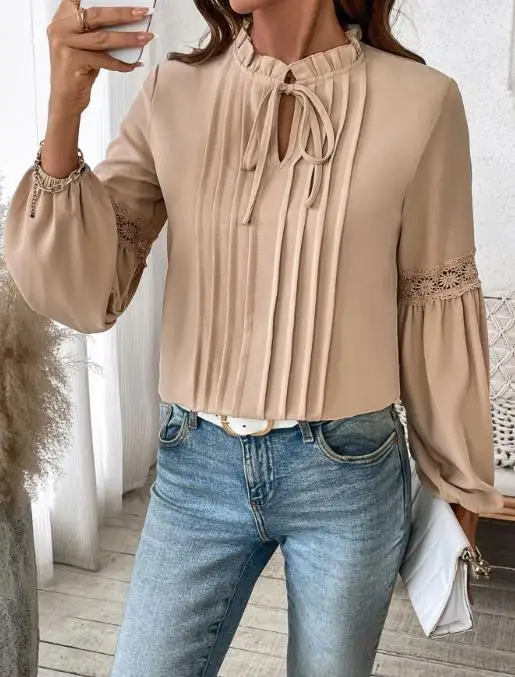 Women's Chiffon Shirt 2026 Spring Elegant New Solid Color Pit Lace Patchwork Lantern Sleeves Slim Fit Long Sleeved Chiffon Shirt
Women's Chiffon Shirt 2026 Spring Elegant New Solid Color Pit Lace Patchwork Lantern Sleeves Slim Fit Long Sleeved Chiffon Shirt