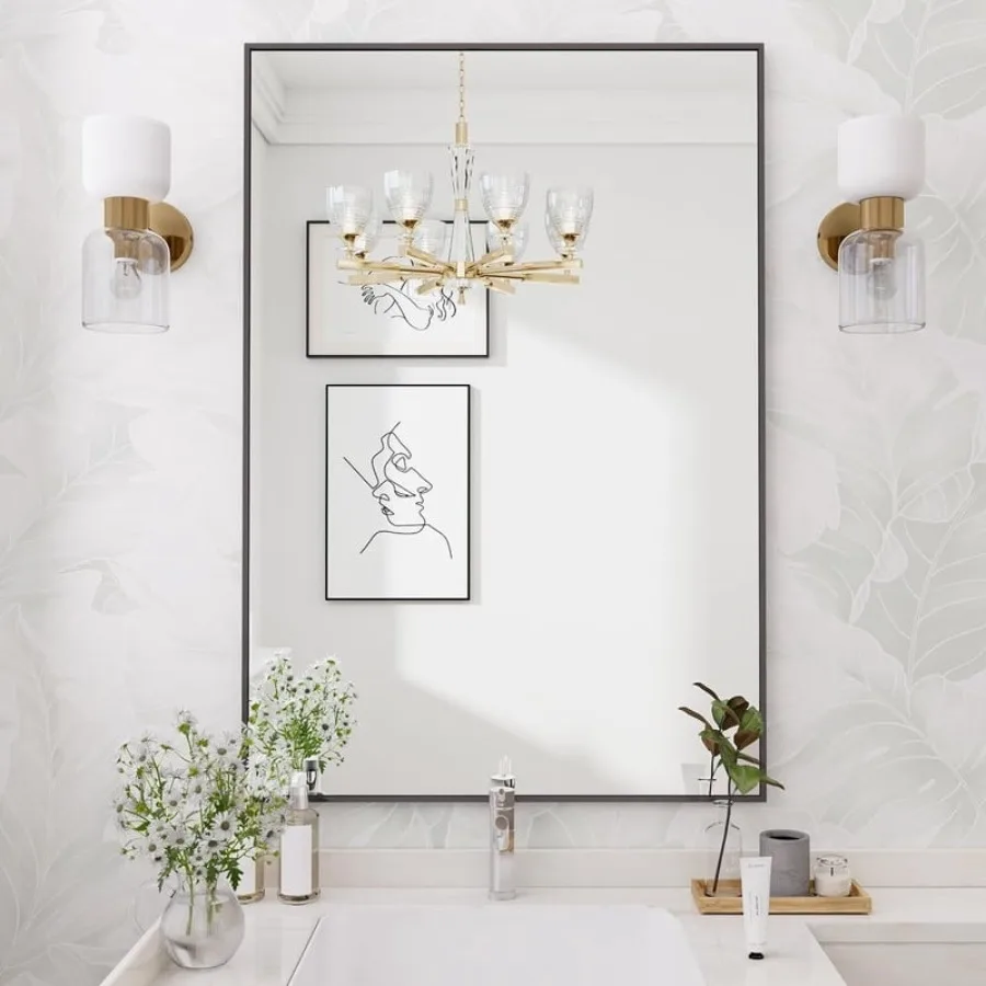 24"x36" Bathroom Wall Mirror with Rectangular Metal Frame Black
24"x36" Bathroom Wall Mirror with Rectangular Metal Frame Black