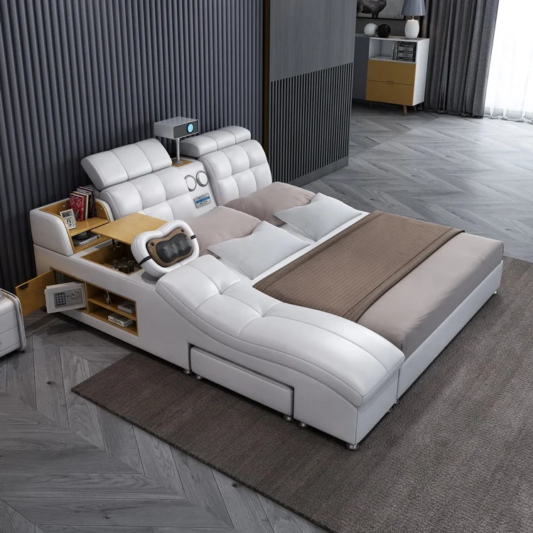 Многофункциональная умная кровать с массажем и каркасом проектора, кожаные двуспальные кровати размера King Size, современные наборы мебели для спальни
Многофункциональная умная кровать с массажем и каркасом проектора, кожаные двуспальные кровати размера King Size, современные наборы мебели для спальни