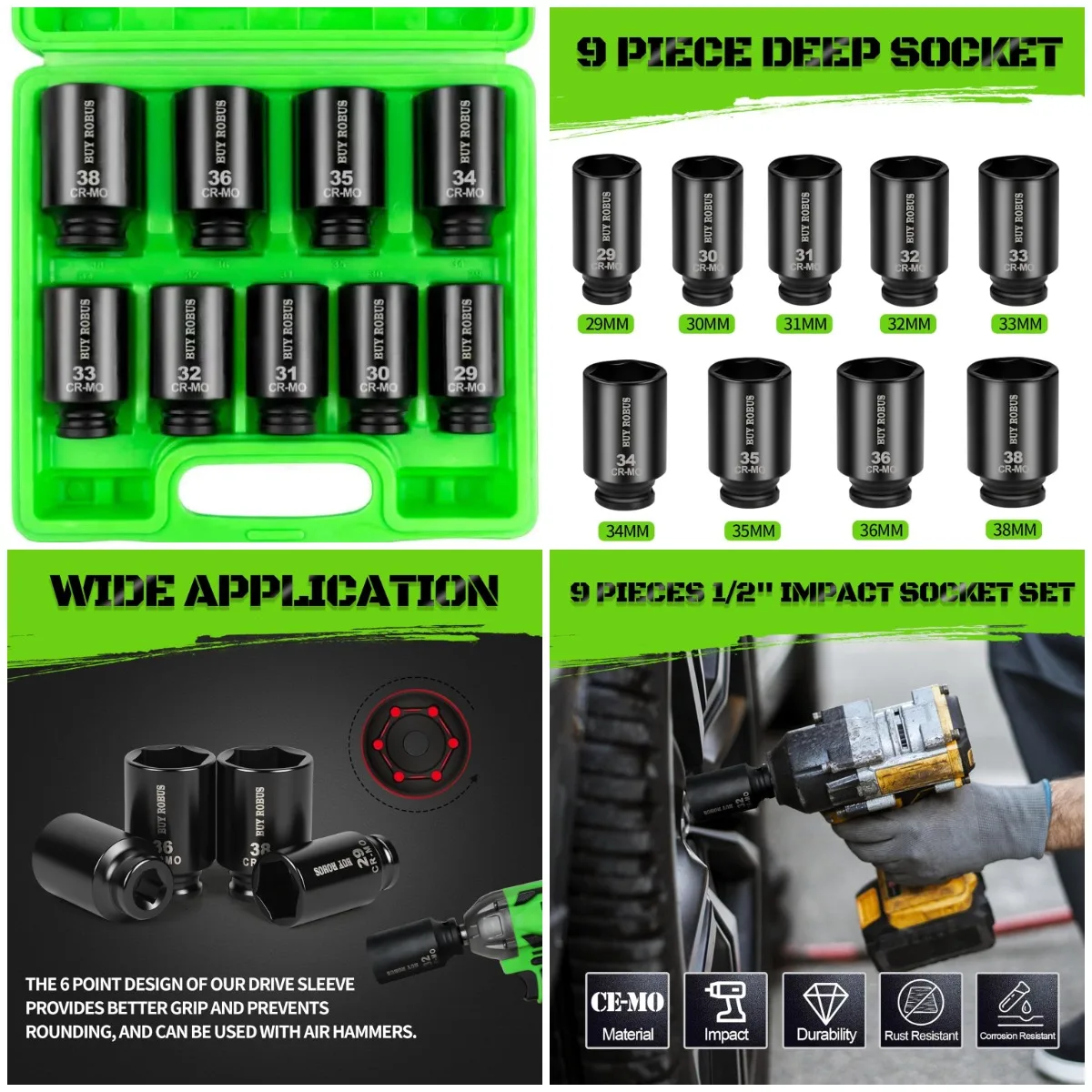 1/2' Drive Impact Socket Set, 9-Piece Metric Deep 6-Point Cr-Mo Sockets 29-38mm
1/2' Drive Impact Socket Set, 9-Piece Metric Deep 6-Point Cr-Mo Sockets 29-38mm
