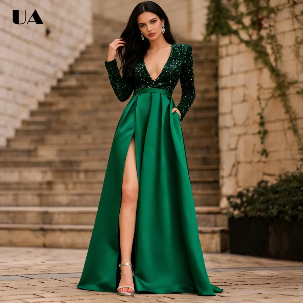 ULBYANRY Sparkly Sequined Satin Prom Dress with Long Sleeve Sexy Deep V-neck High-slit Evening Dress Elegant A-line Party Dress
ULBYANRY Sparkly Sequined Satin Prom Dress with Long Sleeve Sexy Deep V-neck High-slit Evening Dress Elegant A-line Party Dress