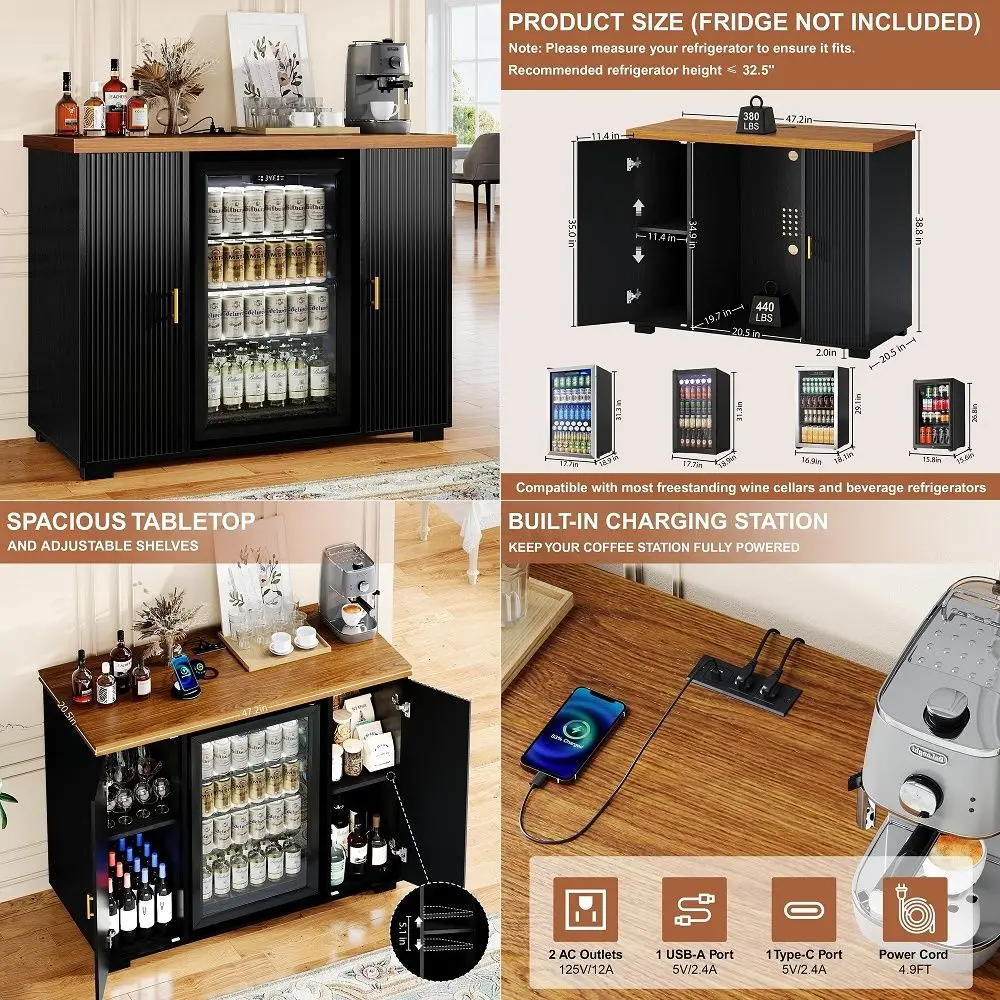 Fluted Coffee Bar Cabinet with Fridge Space amp Charging Station, 47 Mini Fridge Cabinet with Storage, Liquor Wine Bar Cabinet
Fluted Coffee Bar Cabinet with Fridge Space amp Charging Station, 47 Mini Fridge Cabinet with Storage, Liquor Wine Bar Cabinet