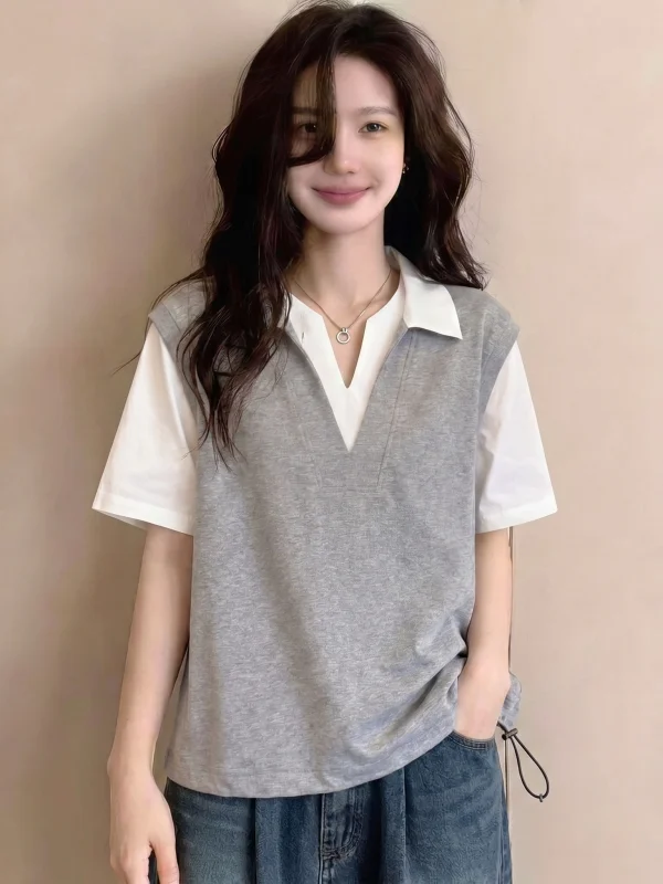Gray V-Neck Short Sleeve T-Shirt Women's plus Size Drawstring Hem Slimming Top Korean Style Commute Fashion Loose Fit
Gray V-Neck Short Sleeve T-Shirt Women's plus Size Drawstring Hem Slimming Top Korean Style Commute Fashion Loose Fit