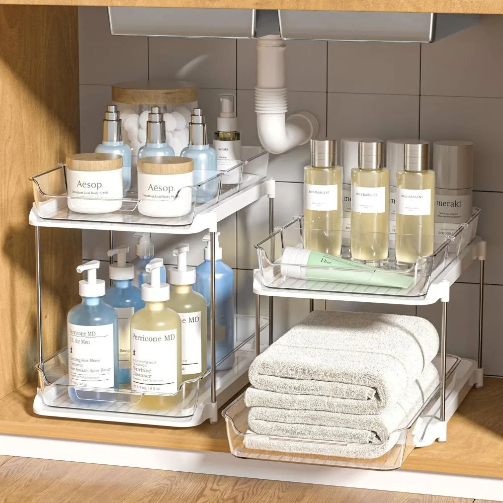 2 Sets of 2-Tier Multi-Purpose Bathroom Under Sink Organizers and Storage, Stackable Kitchen Pantry Organization, Pull Out
2 Sets of 2-Tier Multi-Purpose Bathroom Under Sink Organizers and Storage, Stackable Kitchen Pantry Organization, Pull Out