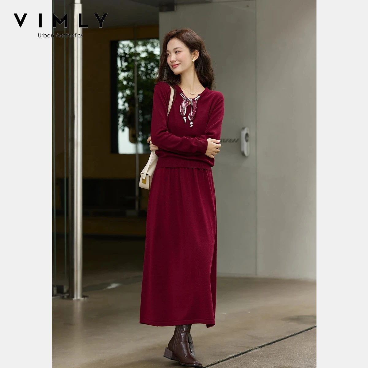 VIMLY Women's Red Workwear 2-Piece Set Winter 2026 Ribbons V-Neck Knitted Top A-Line Skirt Elegant Two Piece Skirt Sets 75262
VIMLY Women's Red Workwear 2-Piece Set Winter 2026 Ribbons V-Neck Knitted Top A-Line Skirt Elegant Two Piece Skirt Sets 75262