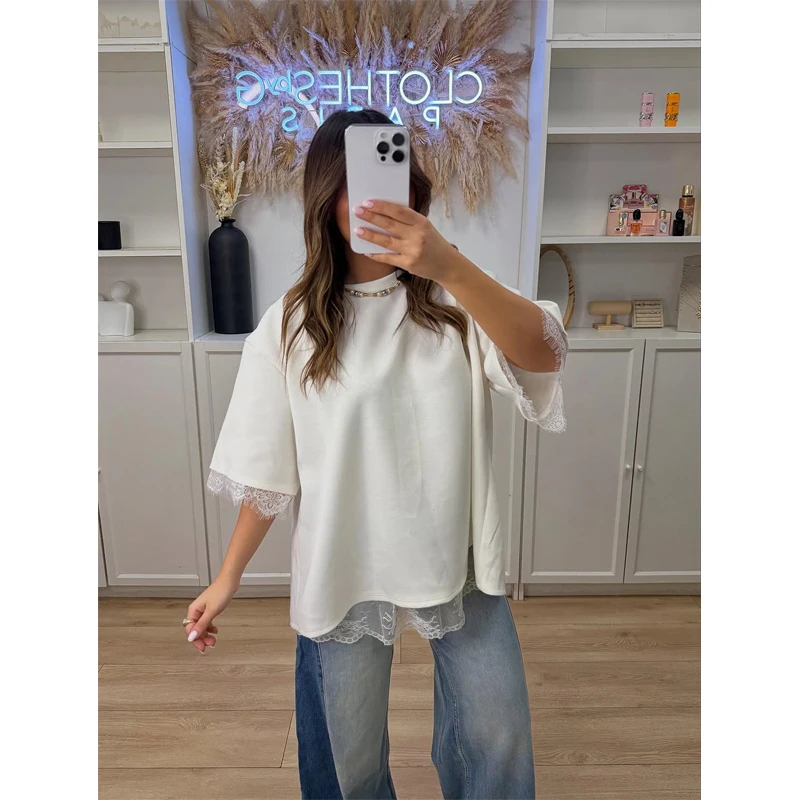 Lace Oversized T-shirt Backless Women Panel Short Sleeve Crew Neck Solid White Casual Streetwear 2026 Spring Summer Fashion Top
Lace Oversized T-shirt Backless Women Panel Short Sleeve Crew Neck Solid White Casual Streetwear 2026 Spring Summer Fashion Top