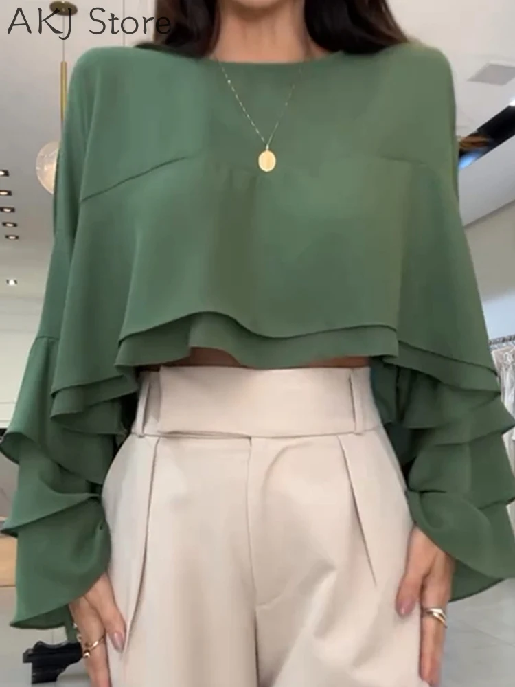 Женский укороченный топ с круглым вырезом и рукавами-колокольчиками, повседневная многослойная блузка свободного кроя
Женский укороченный топ с круглым вырезом и рукавами-колокольчиками, повседневная многослойная блузка свободного кроя