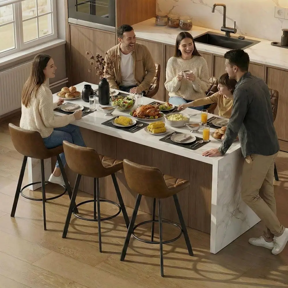 Set of 6, 26 Inch High Back Kitchen Island Chairs, Diamond Quilted Leather Barstools with Metal Legs, Easy Assembly, Brown
Set of 6, 26 Inch High Back Kitchen Island Chairs, Diamond Quilted Leather Barstools with Metal Legs, Easy Assembly, Brown