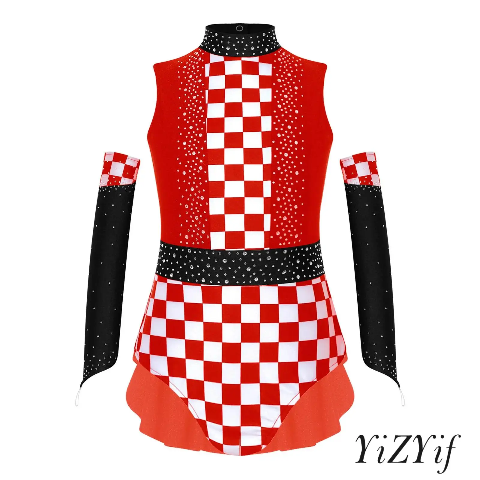 Girls Racer Ice Skating Dance Costume Bodysuit Sparkly Rhinestones Sleeveless Plaid Pattern Ruffle Overlay Leotard+ Oversleeves
Girls Racer Ice Skating Dance Costume Bodysuit Sparkly Rhinestones Sleeveless Plaid Pattern Ruffle Overlay Leotard+ Oversleeves