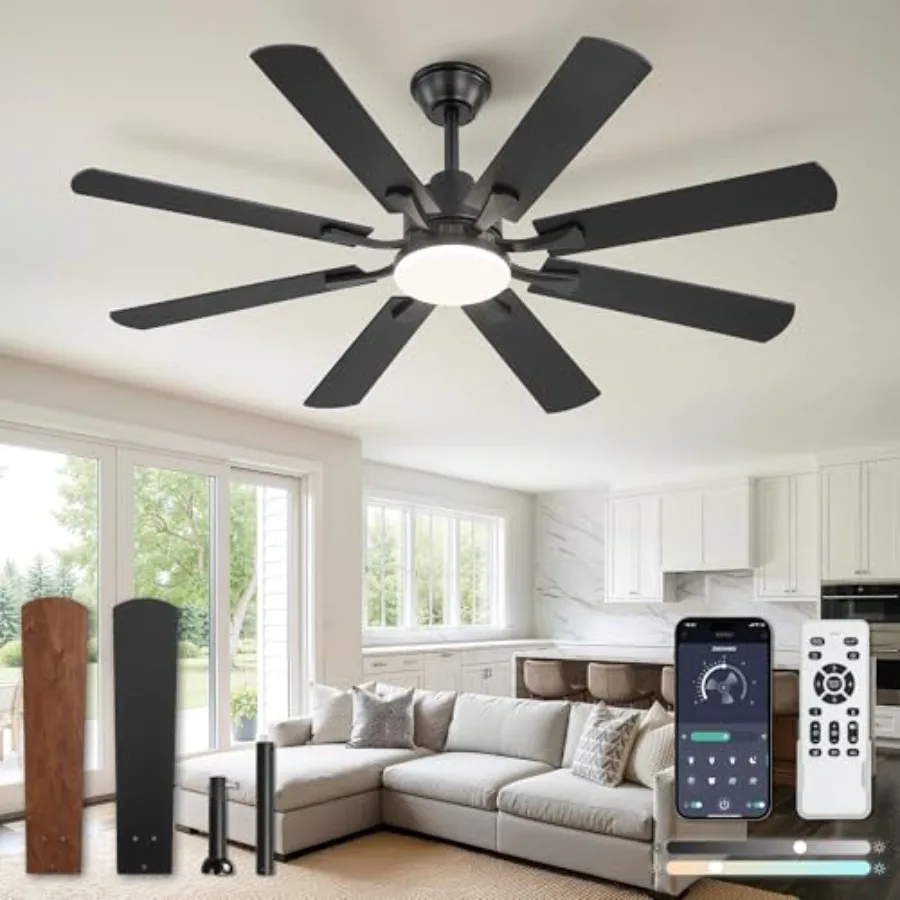 52 inch ceiling fan with light and remote for bedroom living room, black metal blades, quiet DC motor, 6 speeds, stepless color
52 inch ceiling fan with light and remote for bedroom living room, black metal blades, quiet DC motor, 6 speeds, stepless color