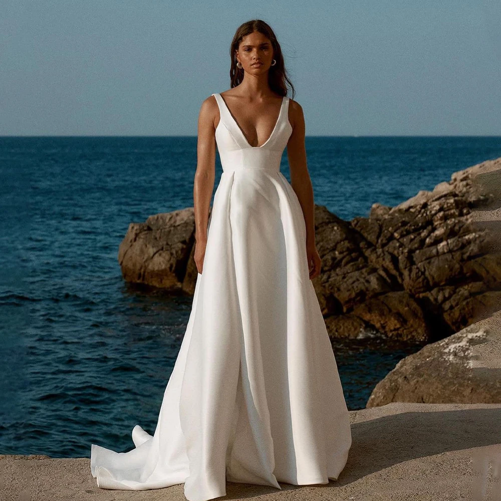 Sexy Deep V-neck Satin Boho Beach A Line Wedding Dresses Side Slit Sweep Train Custom Made 2024 Vestido De Noival
Sexy Deep V-neck Satin Boho Beach A Line Wedding Dresses Side Slit Sweep Train Custom Made 2024 Vestido De Noival