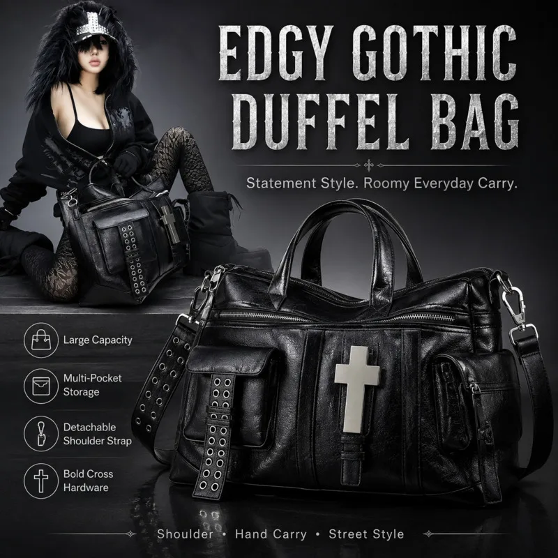 Punk Gothic Crossbody Tote Bag Black Distressed Leather Handbag With Metal Cross Large Capacity Shoulder Bag Unisex Travel Bag
Punk Gothic Crossbody Tote Bag Black Distressed Leather Handbag With Metal Cross Large Capacity Shoulder Bag Unisex Travel Bag