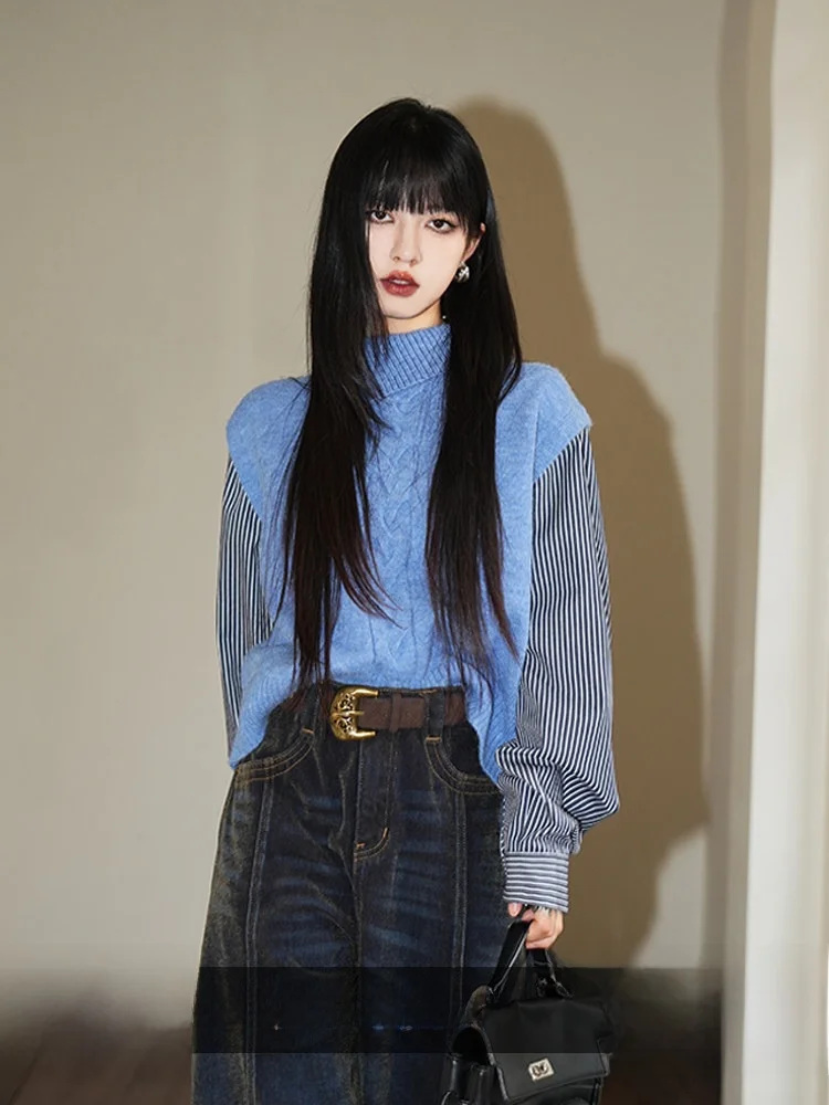 Loose Fit Striped irt Collar Blue Knitted Sweater Women Autumn Winter Outerwear Fake Two-Piece Knitwear High Ne Long Sve
Loose Fit Striped irt Collar Blue Knitted Sweater Women Autumn Winter Outerwear Fake Two-Piece Knitwear High Ne Long Sve