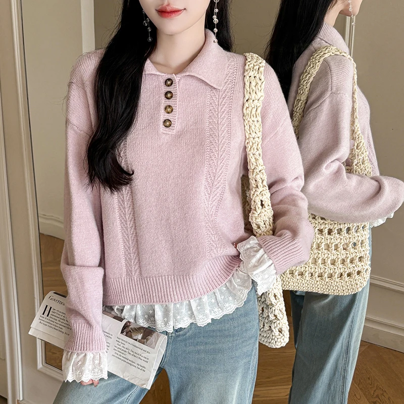 Осенне-зимний свитер с воротником на пуговицах, женский милый кружевной вязаный свитер в Корейском стиле, длинный свек стандартной посадки
Осенне-зимний свитер с воротником на пуговицах, женский милый кружевной вязаный свитер в Корейском стиле, длинный свек стандартной посадки