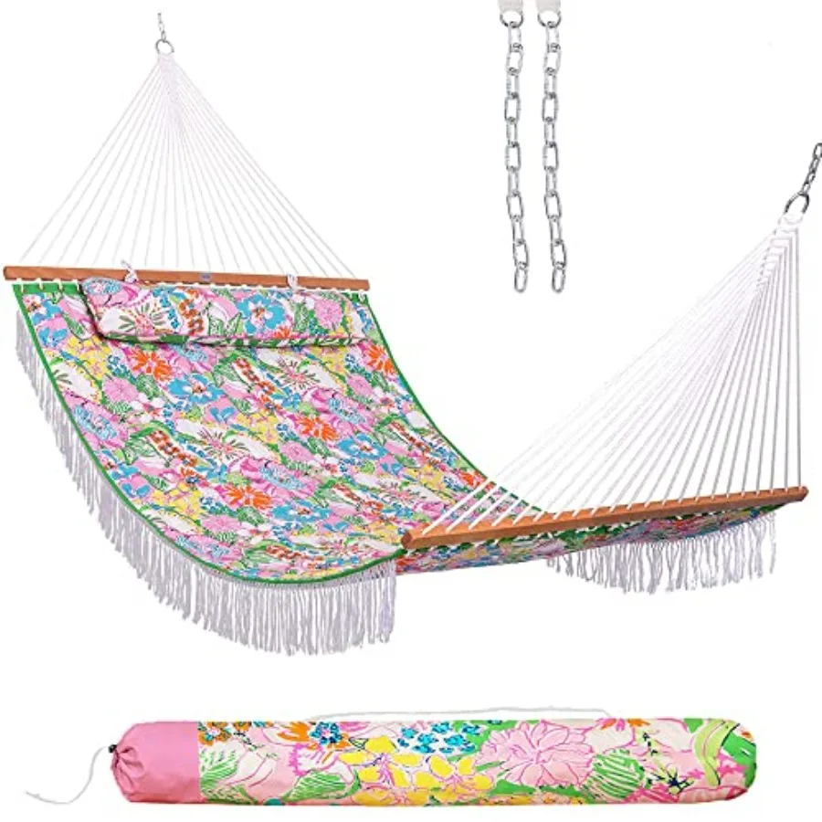 Outdoor hammock for 2 persons, double quilted fabric, floral pattern, heavy duty 450 lbs capacity, includes extra large soft pi
Outdoor hammock for 2 persons, double quilted fabric, floral pattern, heavy duty 450 lbs capacity, includes extra large soft pi