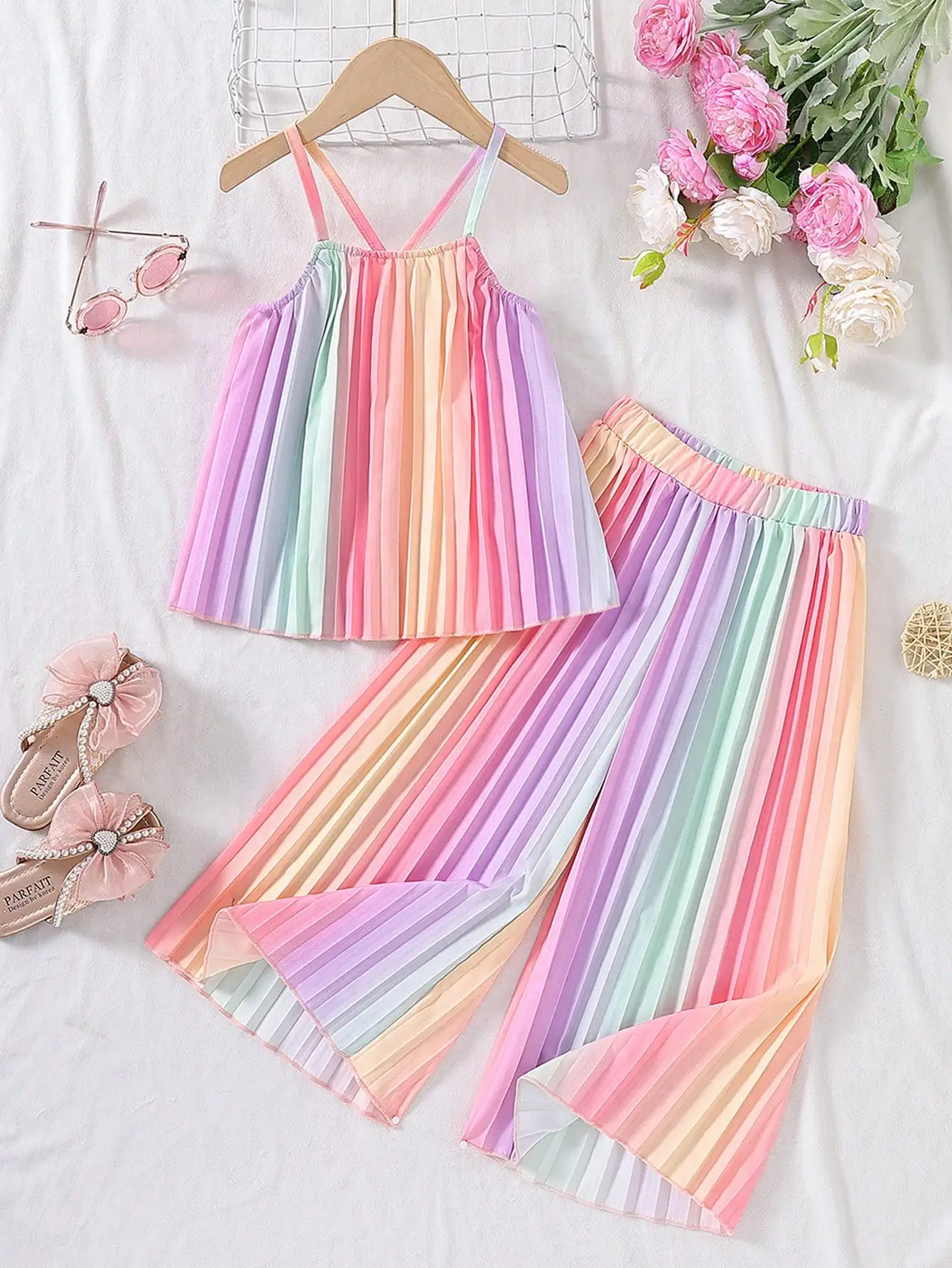 Rainbow Ombre Pleated Cami Top with Wide Leg Pants, trendy two-piece summer set for girls. Light and comfy fabric, stylish design perfect for daily wear, holiday trips, outdoor activities and casual gatherings in hot seasons
Rainbow Ombre Pleated Cami Top with Wide Leg Pants, trendy two-piece summer set for girls. Light and comfy fabric, stylish design perfect for daily wear, holiday trips, outdoor activities and casual gatherings in hot seasons