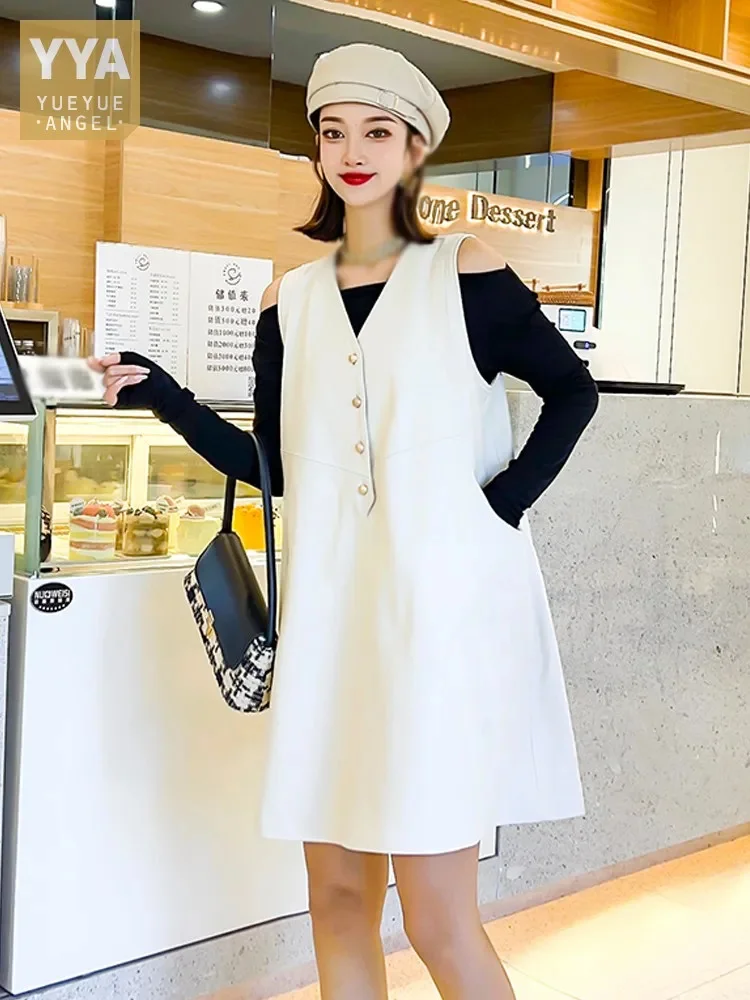 V Women Neck Single Breasted Loose Fit Sheepskin Spring Fashion Ladies Casual Sleeveless Genuine Leather Short Dress White
V Women Neck Single Breasted Loose Fit Sheepskin Spring Fashion Ladies Casual Sleeveless Genuine Leather Short Dress White