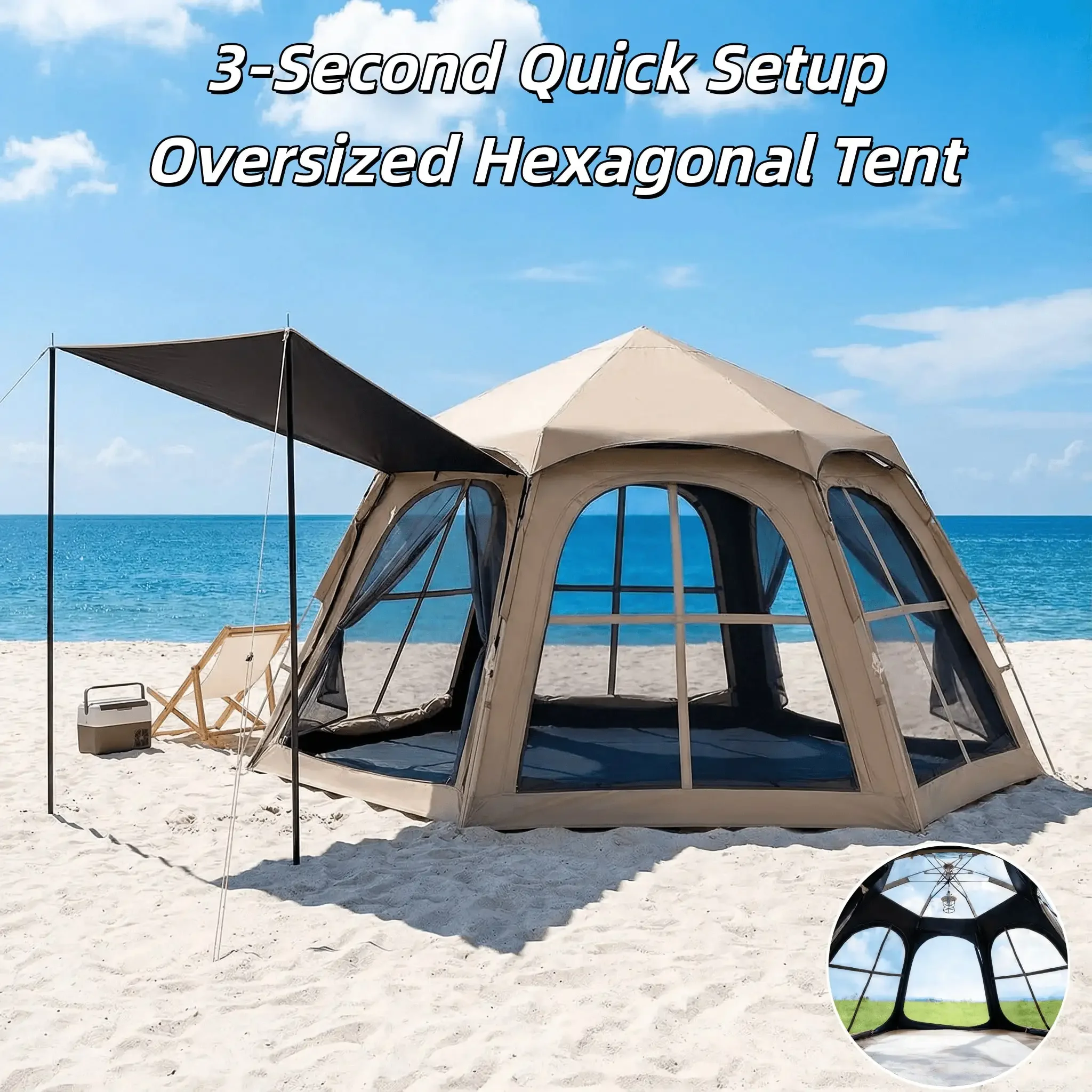3-Second Quick Setup Hexagonal Tent With Storage Bag And Accessories Included,Lightweight Automatic Pop-Up Beach Camping Tent, Waterproof, Sun Proof Portable Foldable Shelter For Hiking Picnics Festivals & All Outdoor Activities
3-Second Quick Setup Hexagonal Tent With Storage Bag And Accessories Included,Lightweight Automatic Pop-Up Beach Camping Tent, Waterproof, Sun Proof Portable Foldable Shelter For Hiking Picnics Festivals & All Outdoor Activities