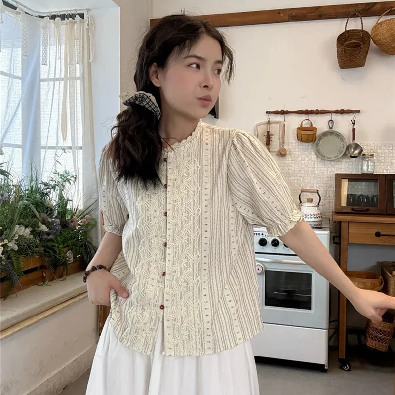 Vintage Striped Shirt Women Korean Chic Preppy Style Short Sleeve Tops Summer Sweet Lace Patchwork All Match Loose Female Blouse
Vintage Striped Shirt Women Korean Chic Preppy Style Short Sleeve Tops Summer Sweet Lace Patchwork All Match Loose Female Blouse
