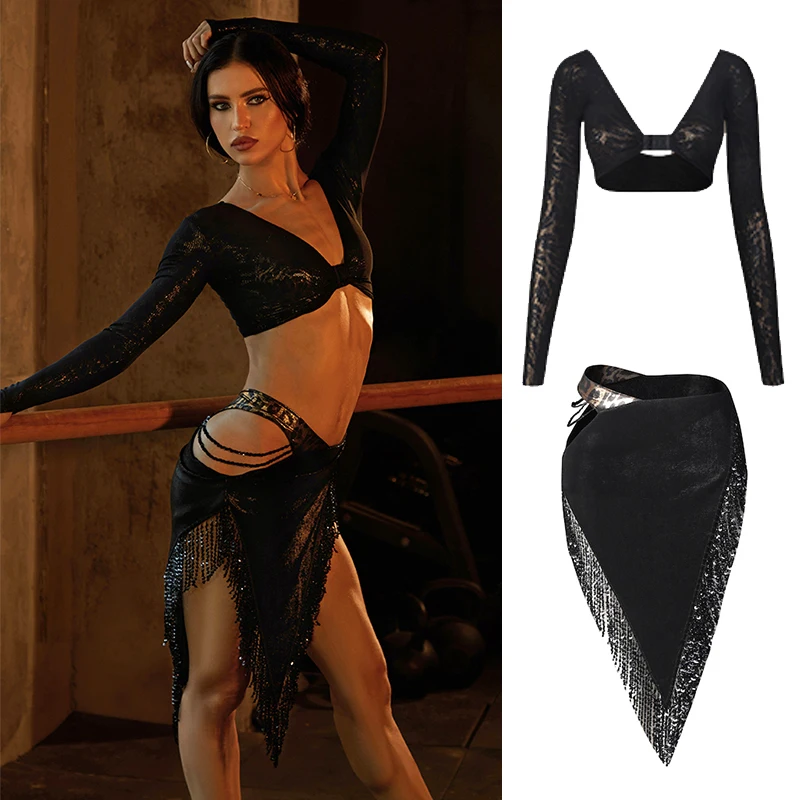 ZYM Одежда для латинских танцев, женские короткие топы с длинными рукавами, юбка с бахромой и блестками, сексуальный костюм для латинских танцев, DNV25396
ZYM Одежда для латинских танцев, женские короткие топы с длинными рукавами, юбка с бахромой и блестками, сексуальный костюм для латинских танцев, DNV25396