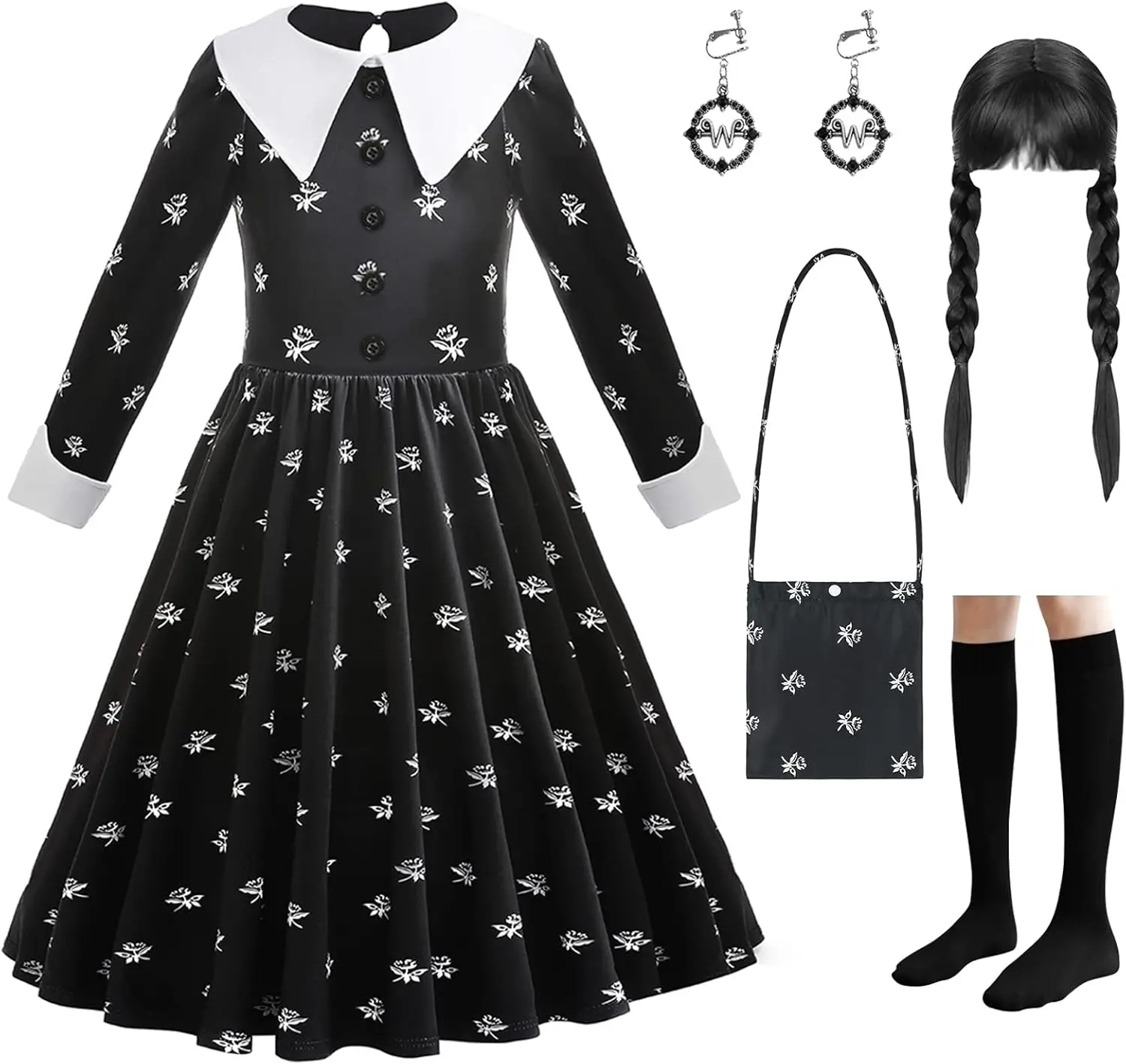 Children Black Halloween Costume Dress Wednesday Girl Cosplay Princess Dress Girls Party Dresses With Wig Bag Earrings Socks
Children Black Halloween Costume Dress Wednesday Girl Cosplay Princess Dress Girls Party Dresses With Wig Bag Earrings Socks