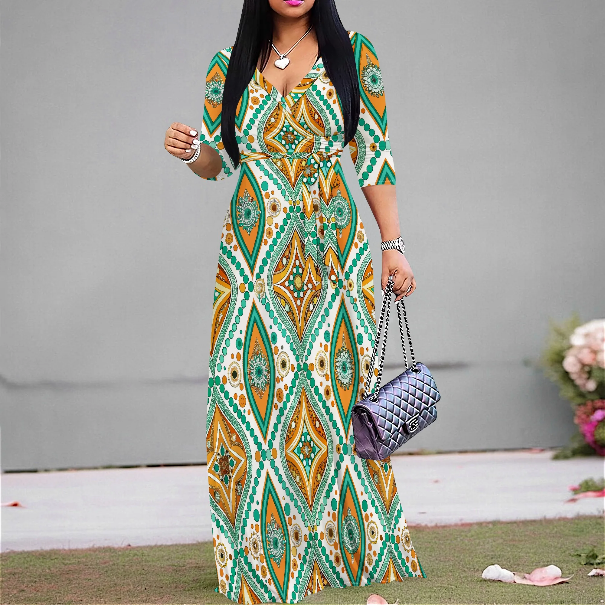Tribal Print Maxi Dress V Neck Belted Long Sleeve S-2XL African Style Casual Wear
Tribal Print Maxi Dress V Neck Belted Long Sleeve S-2XL African Style Casual Wear