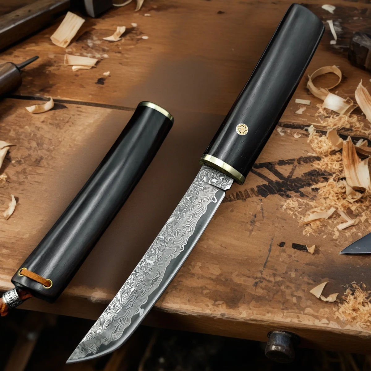 Damascus Pattern Utility Knife with Sheath, Sharp High Carbon Steel Blade for Kitchen & Outdoor Use, black sandalwood Handle
Damascus Pattern Utility Knife with Sheath, Sharp High Carbon Steel Blade for Kitchen & Outdoor Use, black sandalwood Handle
