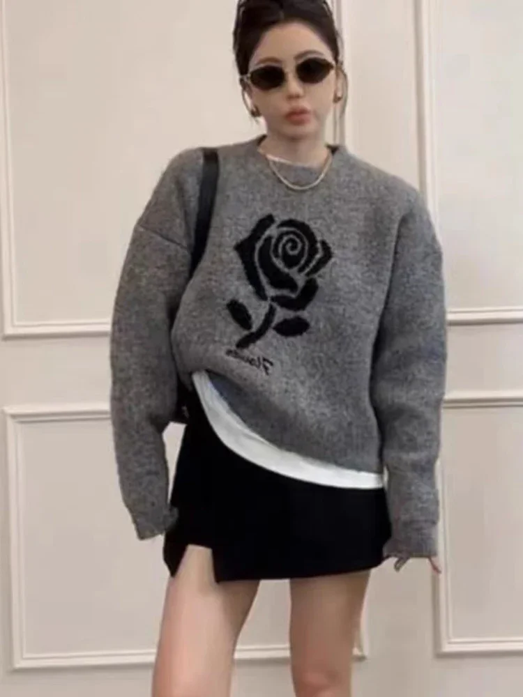 Korean Women Rose Print Sweaters Casual Loose Long Sleeve Knitted Jumpers Pullover Vintage Female Fall Winter O Neck Gray Tops
Korean Women Rose Print Sweaters Casual Loose Long Sleeve Knitted Jumpers Pullover Vintage Female Fall Winter O Neck Gray Tops