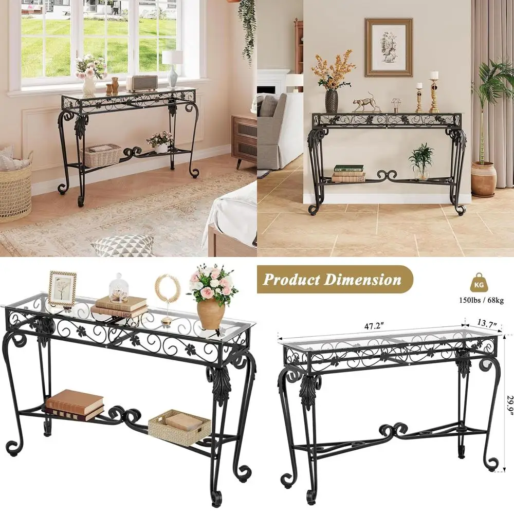 Консольный столик в винтажном металлическом каркасе, закаленное стекло 47,2, регулируемые ножки, подходит для гостиной, входа, фойе (черный)
Консольный столик в винтажном металлическом каркасе, закаленное стекло 47,2, регулируемые ножки, подходит для гостиной, входа, фойе (черный)