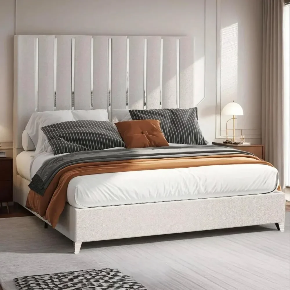 Bed Frame with 58" Tall Headboard, Velvet Upholstered Bed Frame with Silver Plating Trim, Sturdy Platform Bed No Box
Bed Frame with 58" Tall Headboard, Velvet Upholstered Bed Frame with Silver Plating Trim, Sturdy Platform Bed No Box