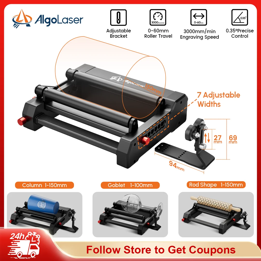AlgoLaser Laser Rotary Roller with Height Adjustable Bracket for 95% Engraver Y-axis 360° Rotating Engrave Cylindrical Objects
AlgoLaser Laser Rotary Roller with Height Adjustable Bracket for 95% Engraver Y-axis 360° Rotating Engrave Cylindrical Objects