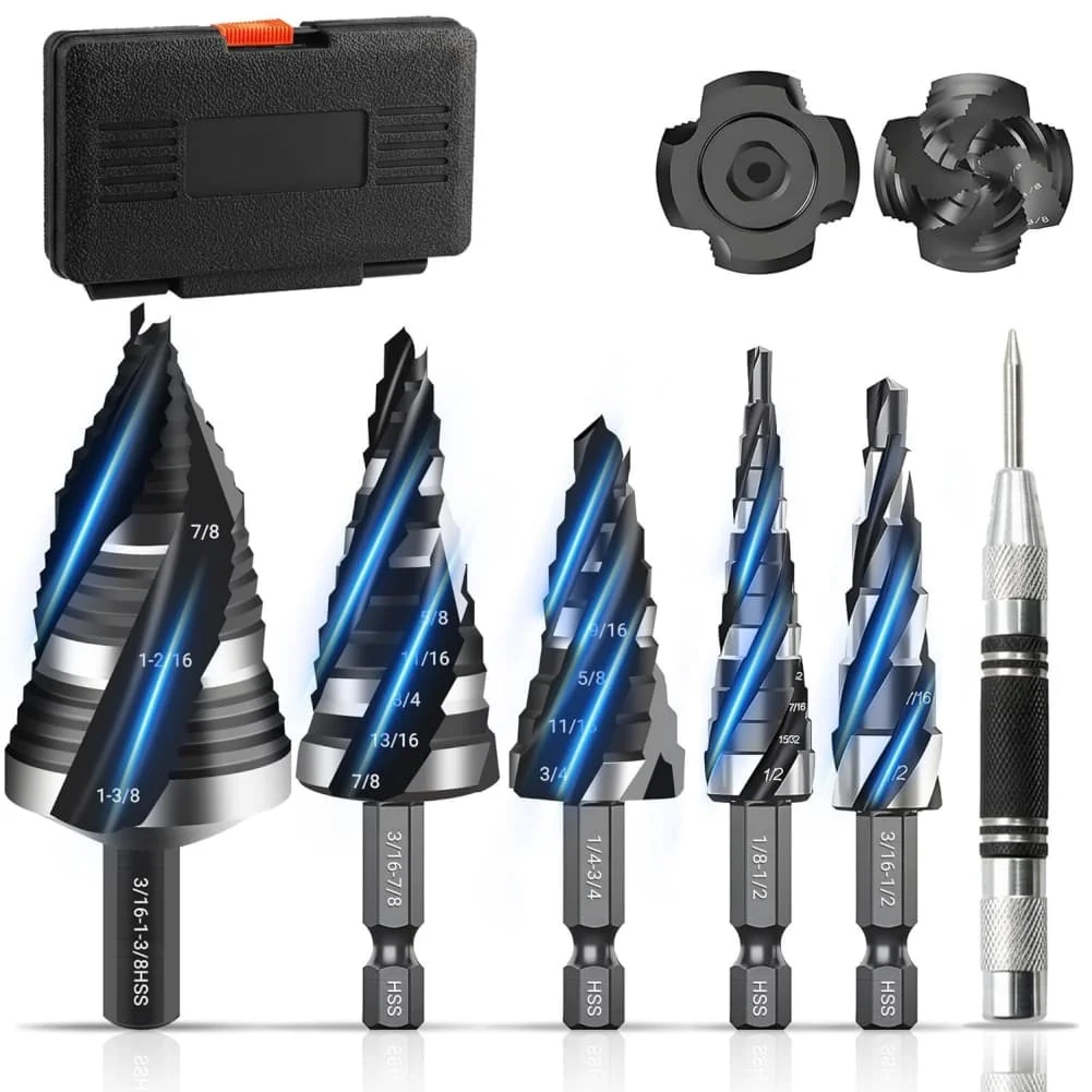 Step Drill Bit Kit 3/16" To 1-3/8" Four Spiral Flutes Hex Shank Drilling Tools For Metal Wood Plastic Aluminum HSS Drill Bit Set
Step Drill Bit Kit 3/16" To 1-3/8" Four Spiral Flutes Hex Shank Drilling Tools For Metal Wood Plastic Aluminum HSS Drill Bit Set